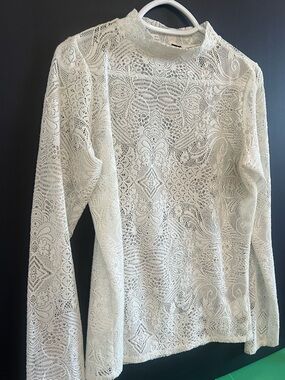 Express White Lace Mock Neck Long Sleeve Top